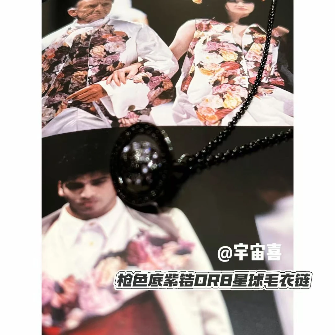 铜合金项链 H2-082【紫色锆石枪色底orb复古花纹毛衣链星球项链】