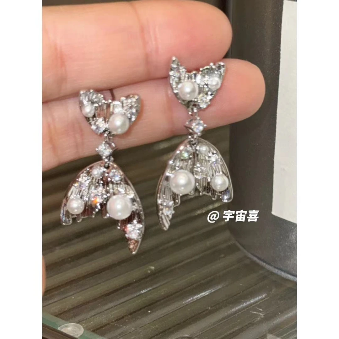 铜合金锆石耳饰 C1-074【锆石贝珠鱼尾上下耳钉】