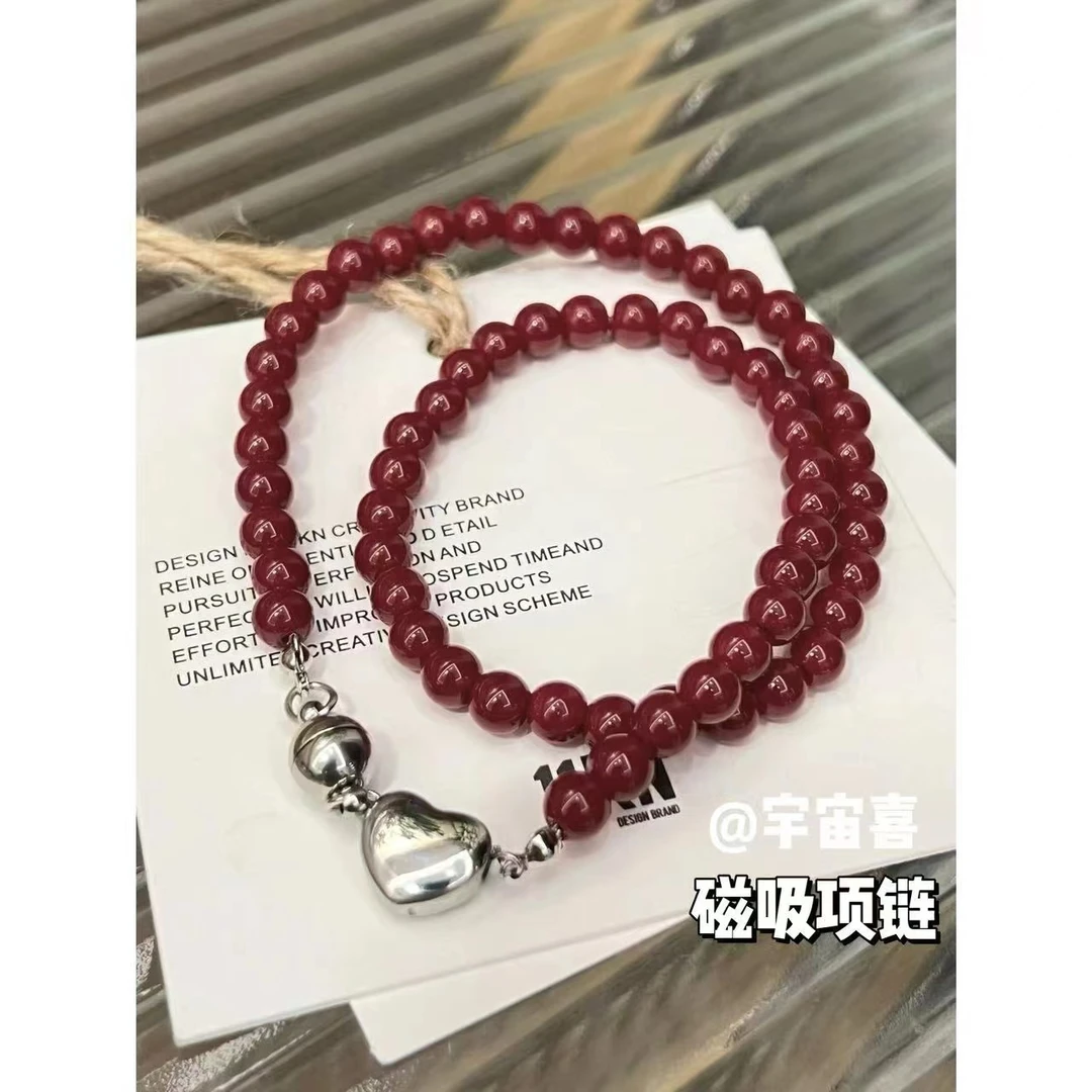 钛钢大理石项链 A2-096【红色石头串珠爱心磁吸小圆球项链】