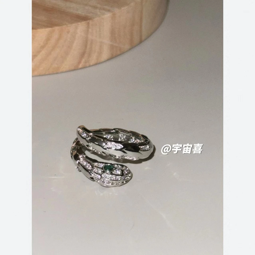 铜合金合成锆石戒指 K1-020【银色蛇头眼睛开口戒指】