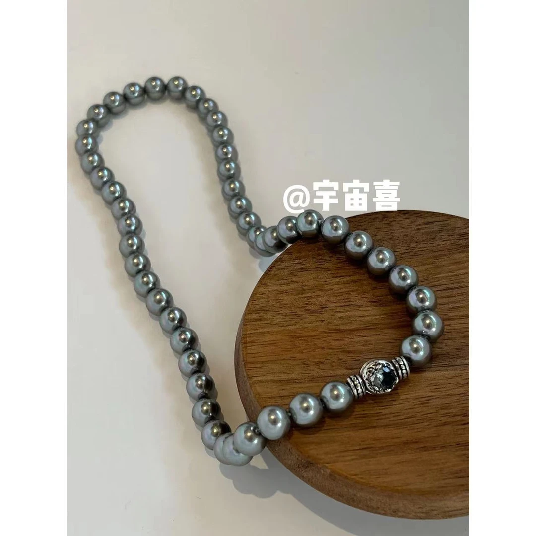 非金属仿珍珠项链 J5-031灰贝珠磁吸正反两面羊角镀银锆石项链