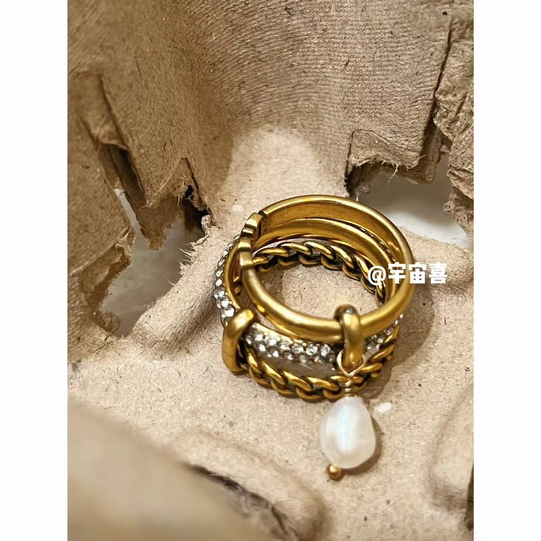 黄铜仿珍珠戒指 Q3-040【黑金多层黄铜cd坠贝珠戒指】