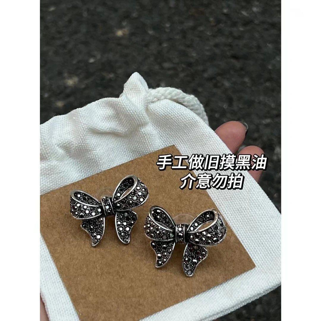 铜合金锆石耳饰 【立体【古银色】蝴蝶结做旧耳钉】B5-043