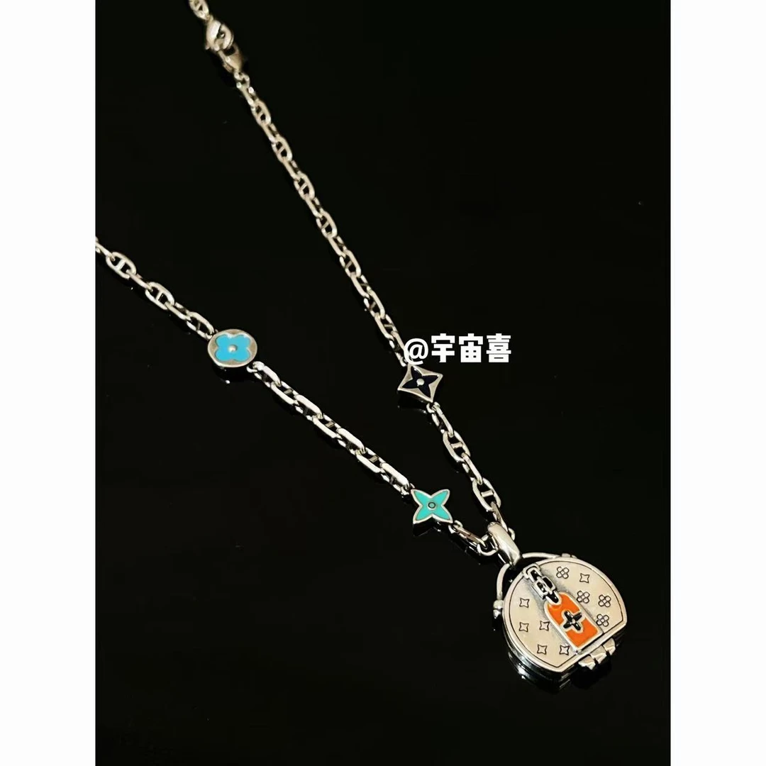 铜合金珐琅项链 H1-068【镀银圆饼包尖花圆花彩色珐琅项链毛衣链】