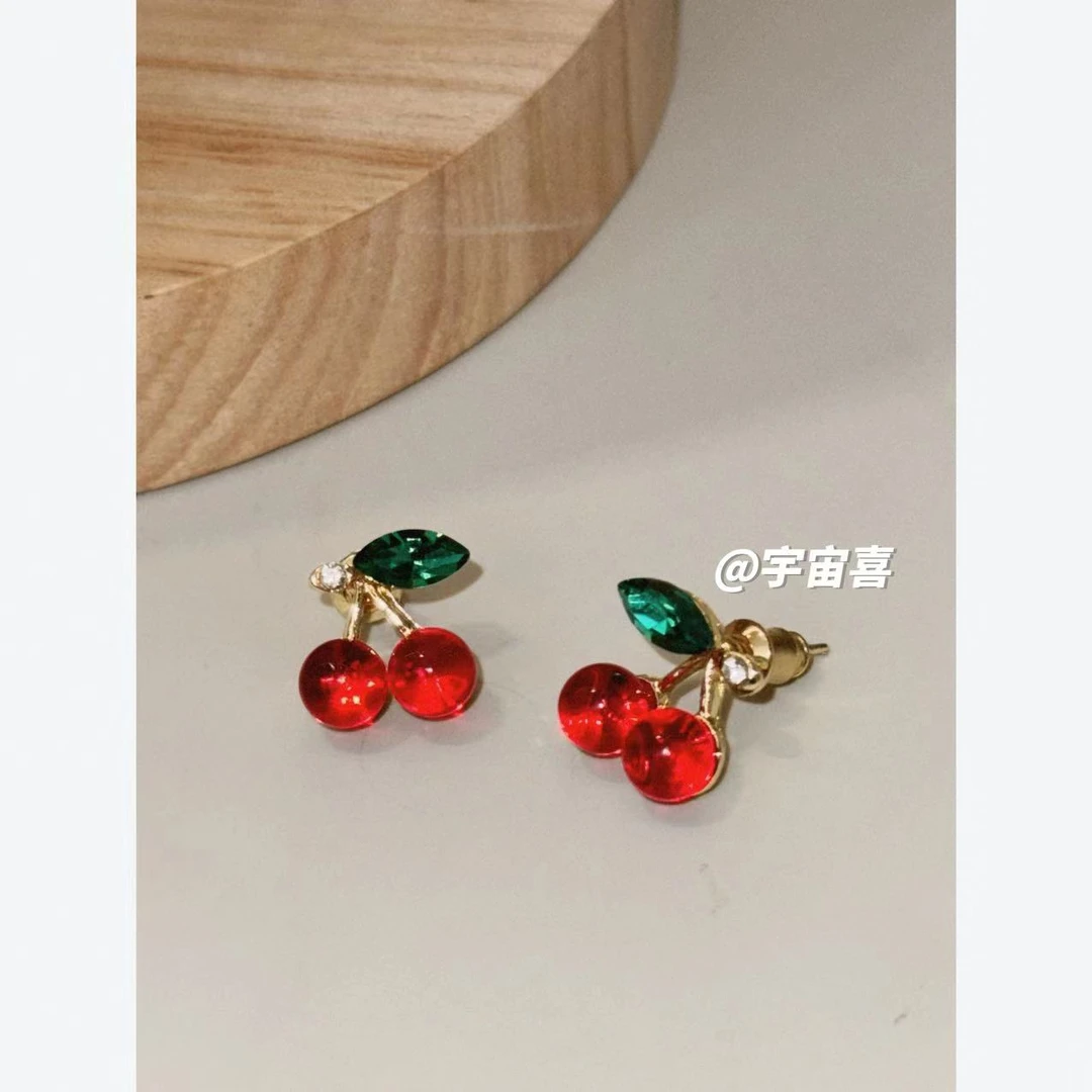 铜合金合成锆石耳饰 E2-009【红色樱桃绿色树叶迷你耳钉】