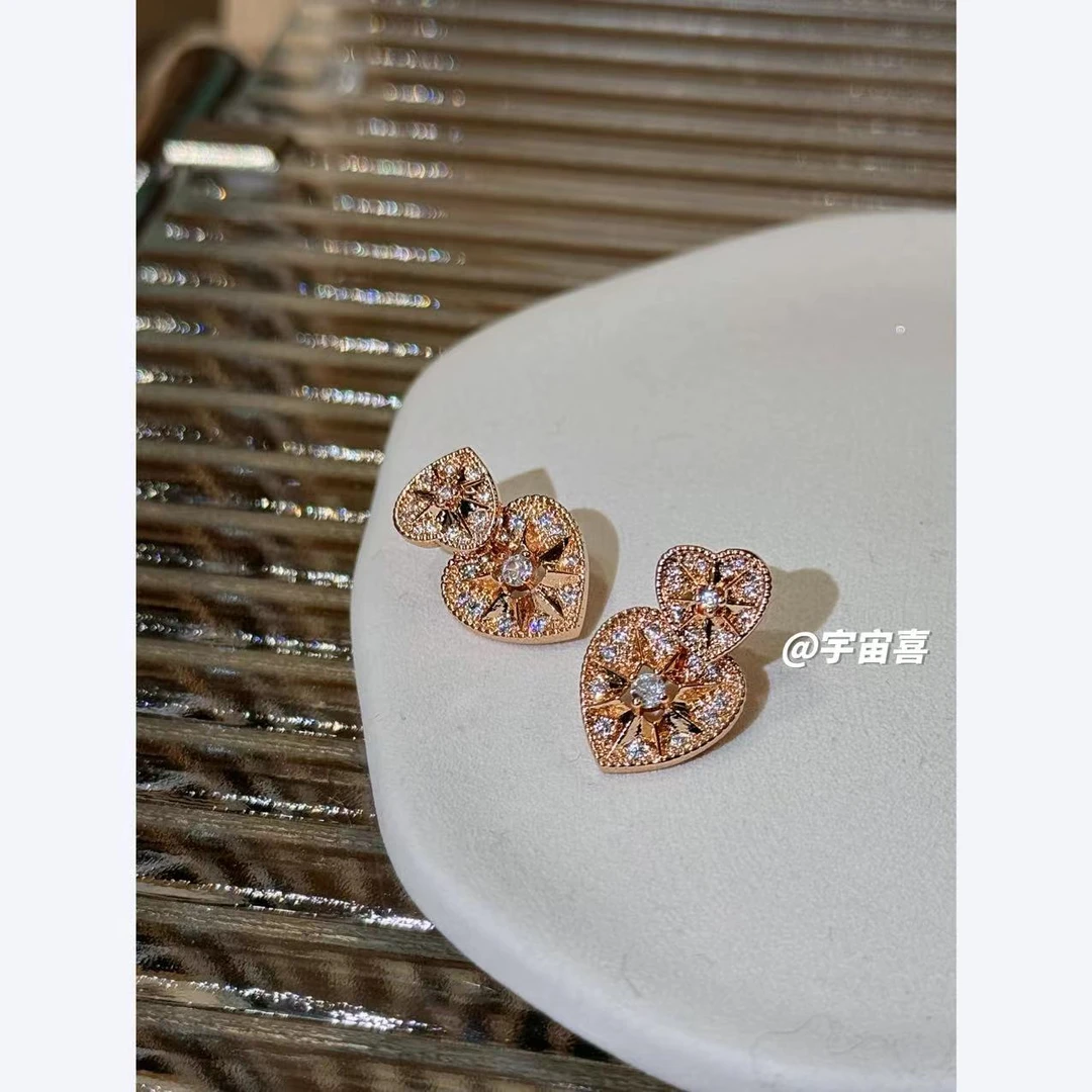 铜合金锆石耳饰 C2-065【粉金色爱心前后罗盘锆石耳钉】