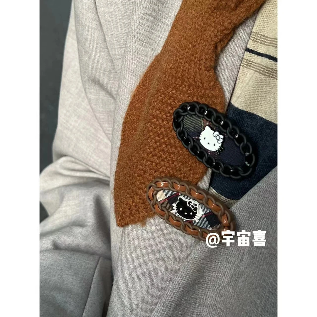 【黑白拼色复古格纹穿皮椭圆金属kt发夹】一对