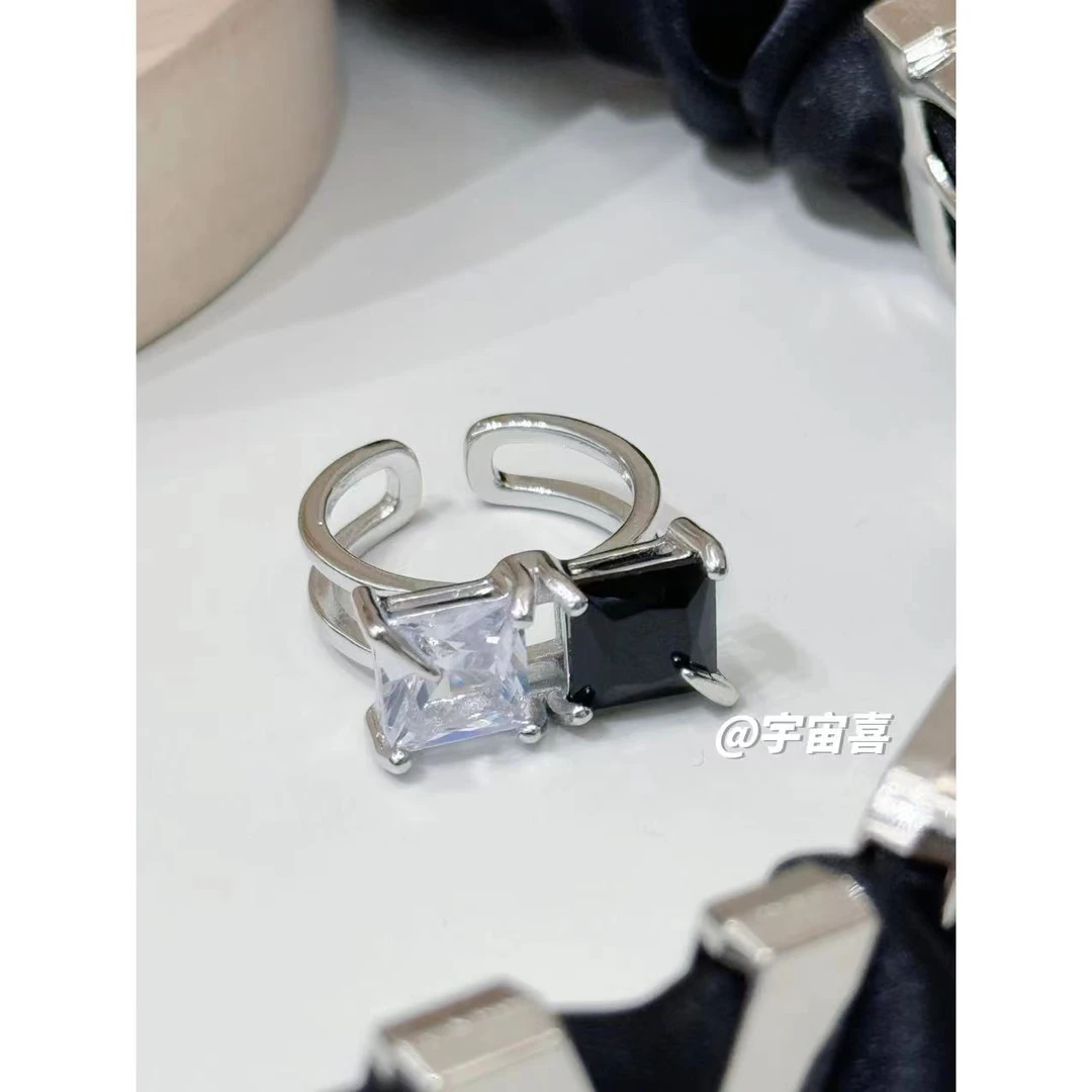 铜合金锆石戒指 K1-007【黑白方形开口戒指】