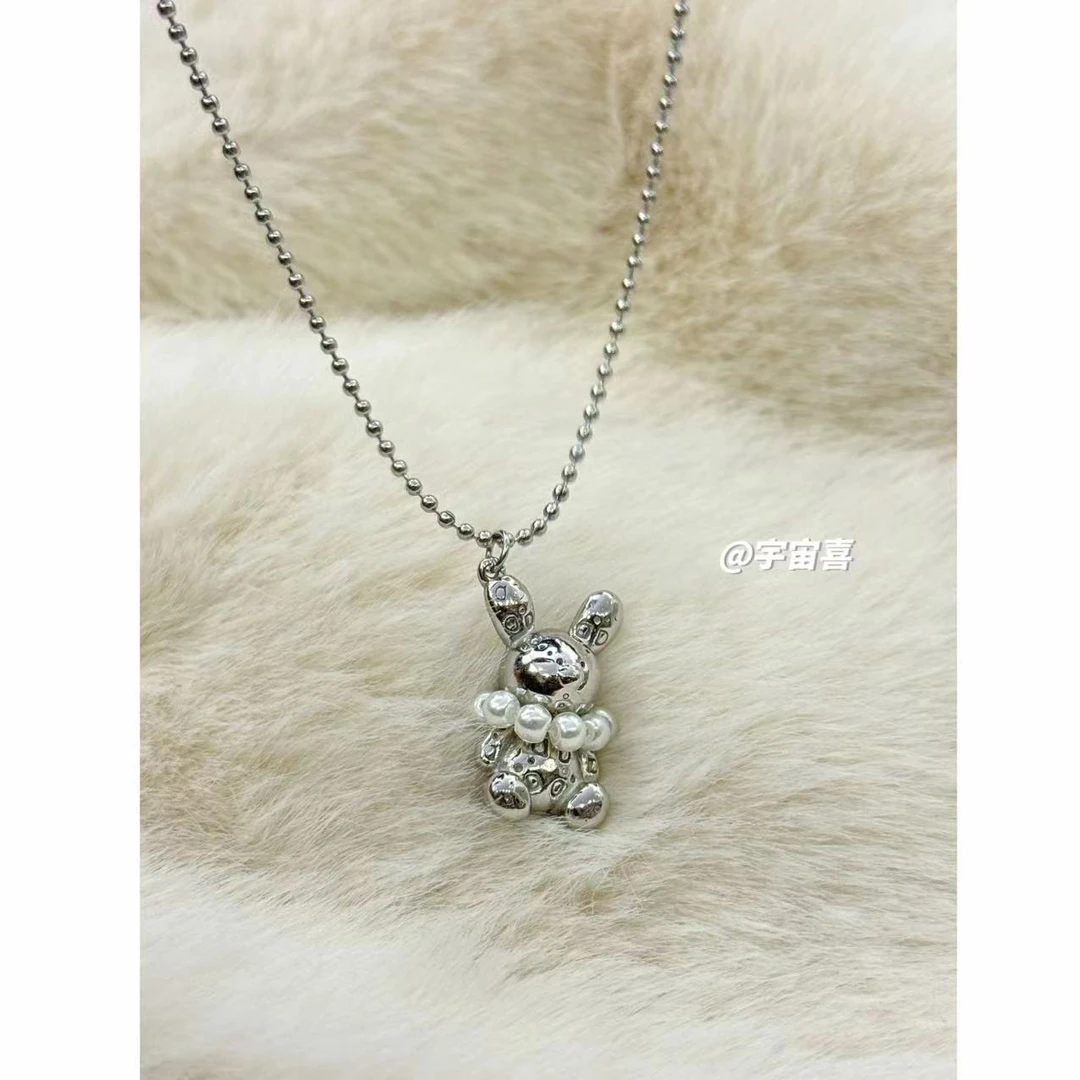 钛钢项链 G2-023【钛钢立体贝珠项链小兔子银色可拆卸项链】