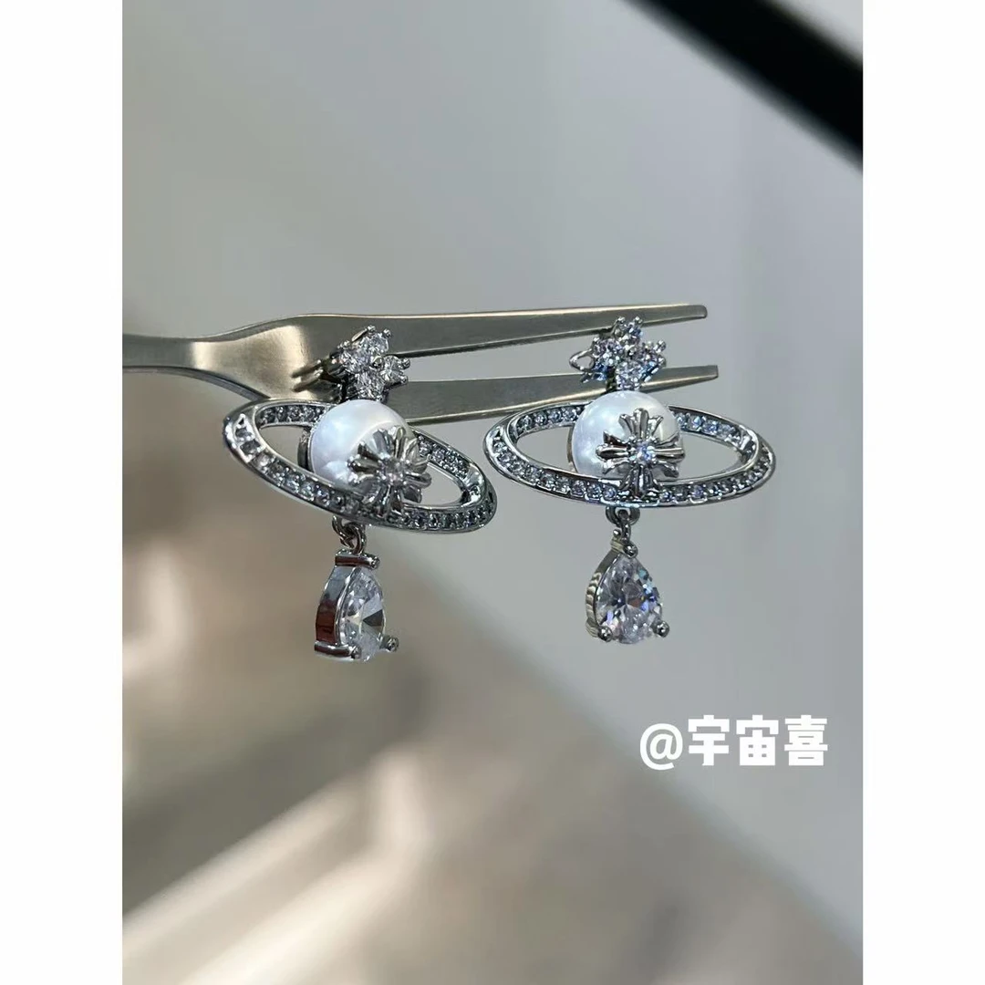 铜合金锆石耳饰 C5-027【大号半立体星球贝珠坠水滴米子花耳钉】