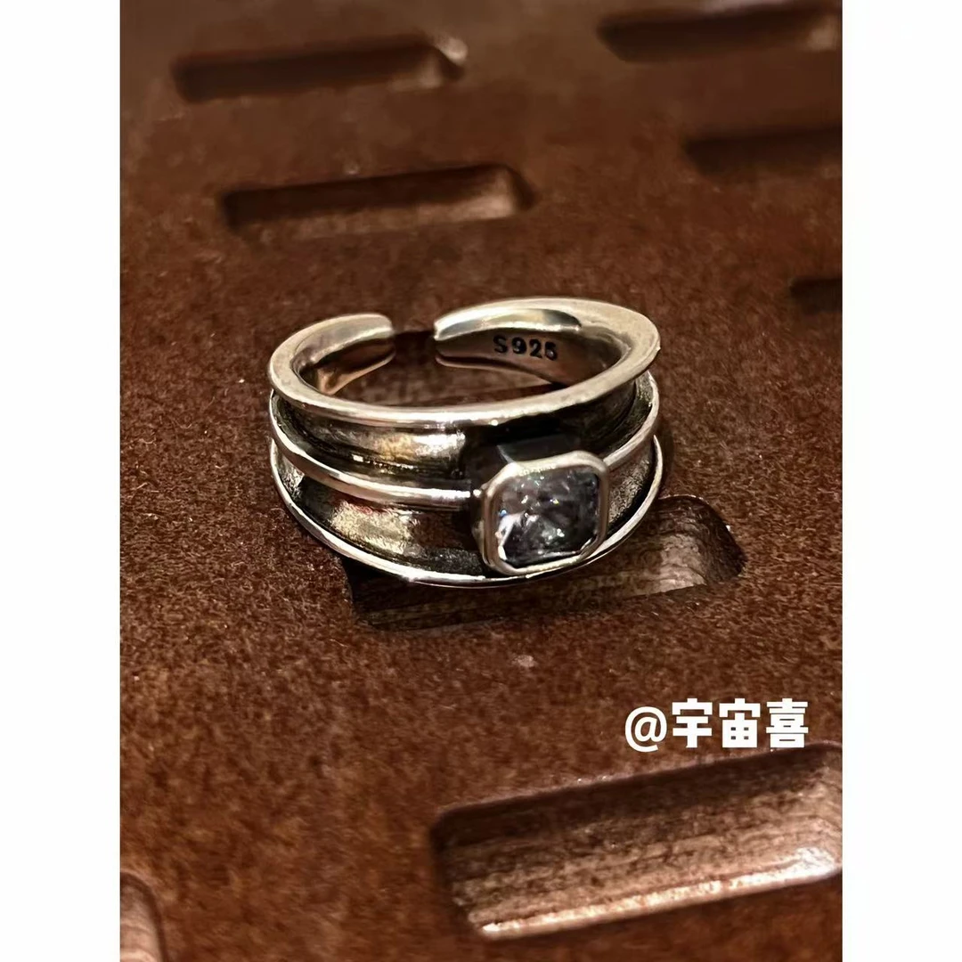 铜合金锆石戒指 Q2-032【罐头易拉罐宽戒方形白锆镀银开口戒指】