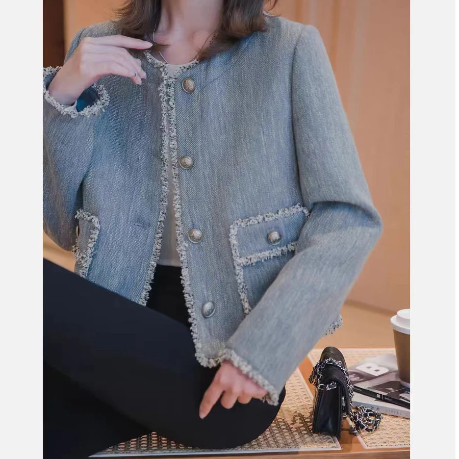 8622小香风花边复古短外套女早秋新款雾霾蓝圆领长袖上衣新款2024