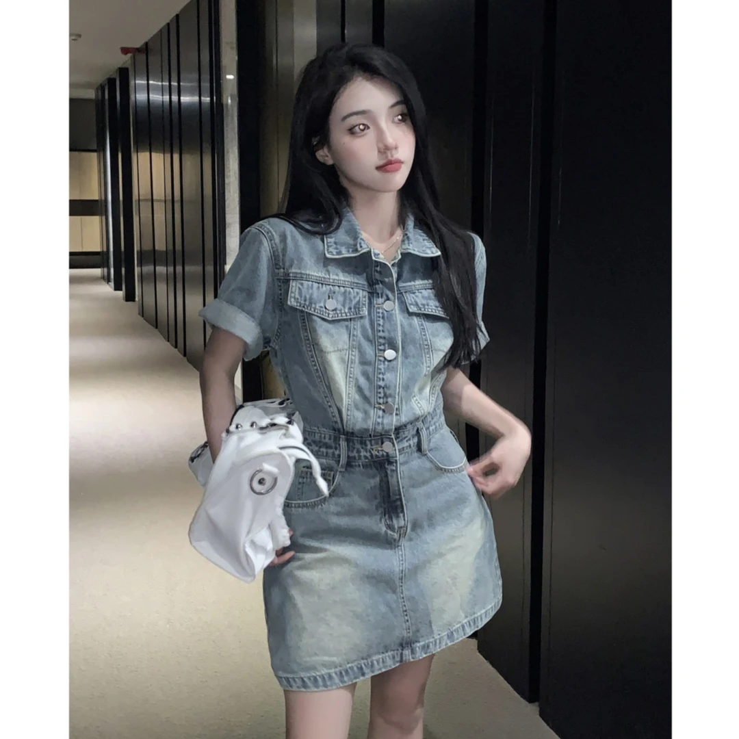 夏季新款百搭法式高级感穿搭复古短裙牛仔连衣裙女百搭显瘦9938#