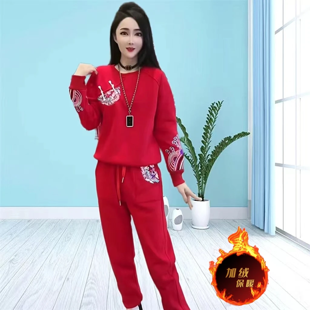 时尚休闲套装女2023秋冬款中国风气质减龄宽松显瘦加绒加厚两件套