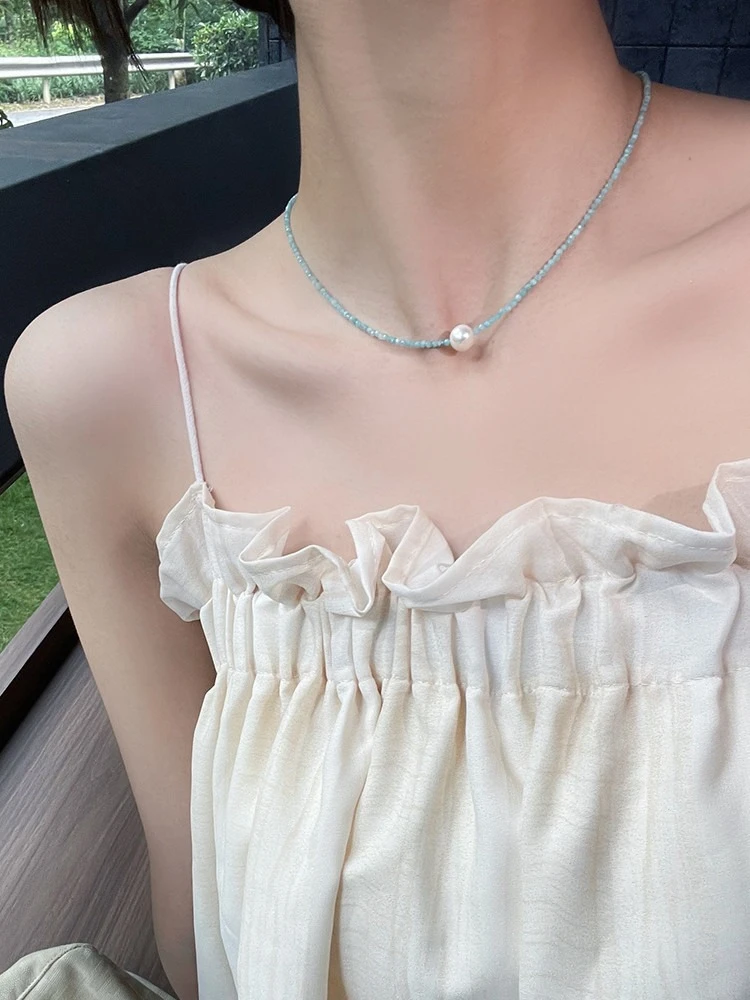 蓝色天河石串珠项链女简约百搭薄荷绿气质温柔锁骨链颈链