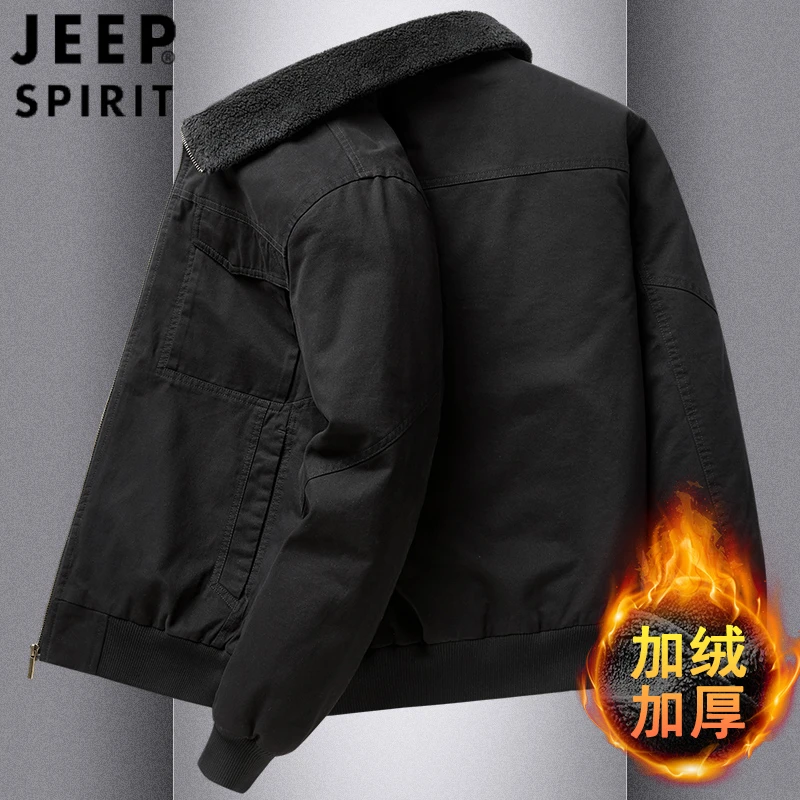 JEEP SPIRIT翻领棉衣男冬季纯棉工装外套男宽松加绒加厚夹克棉服