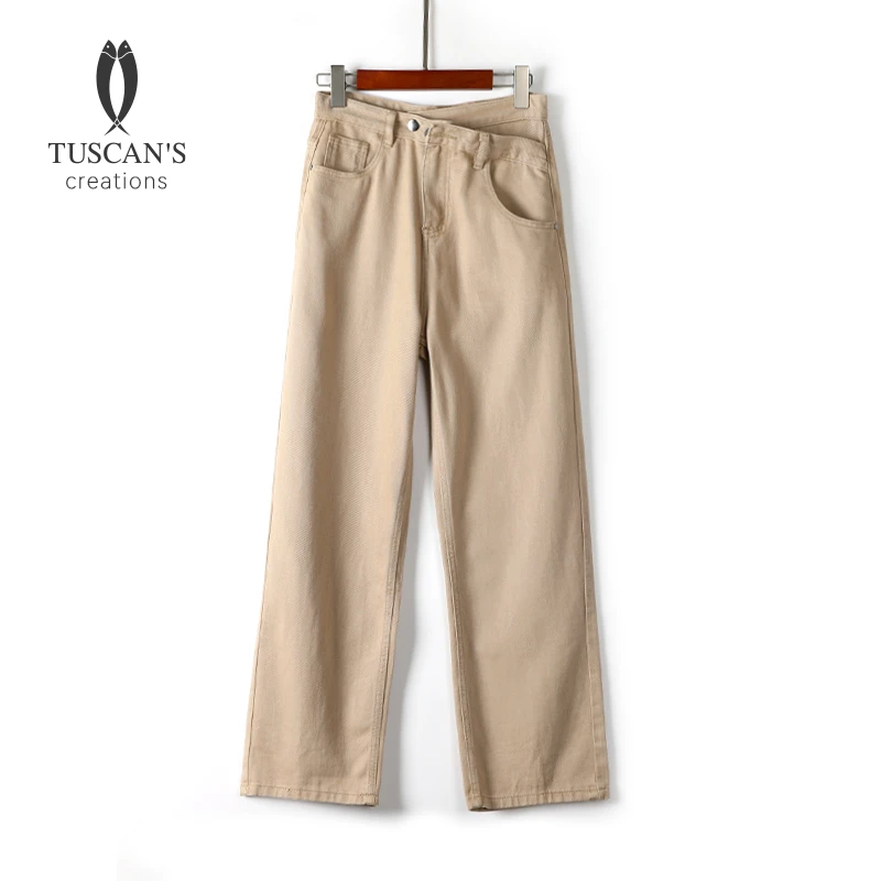 TUSCAN'S卡其色高腰直筒休闲牛仔裤秋冬显瘦宽松拖地阔腿裤