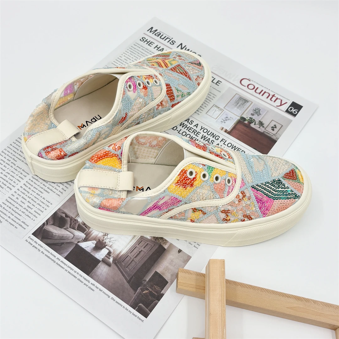 倪妮同款/欧货彩色夏季新款圆头亮片网纱女鞋平底休闲板鞋 84370