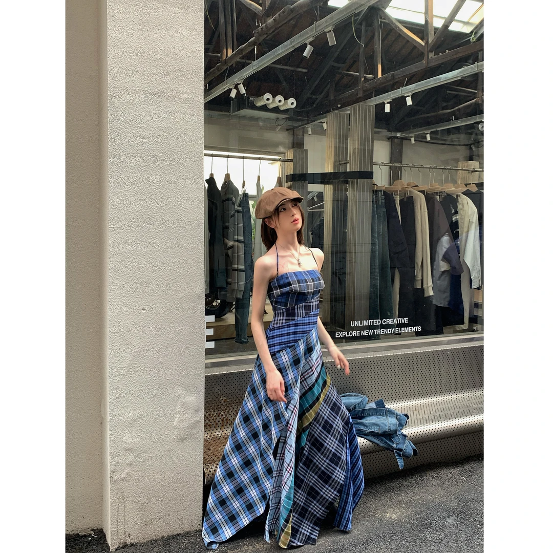 莲的百万【丸屋】2023年新款吊带格子立体格纹不规则下摆坠感长裙