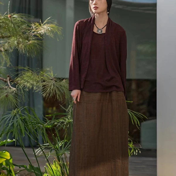 游尘女装/木纹半裙文艺条纹长款百搭爆款