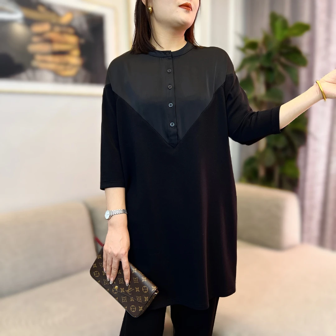 T-17醋酸液态棉优雅随性拼接上衣