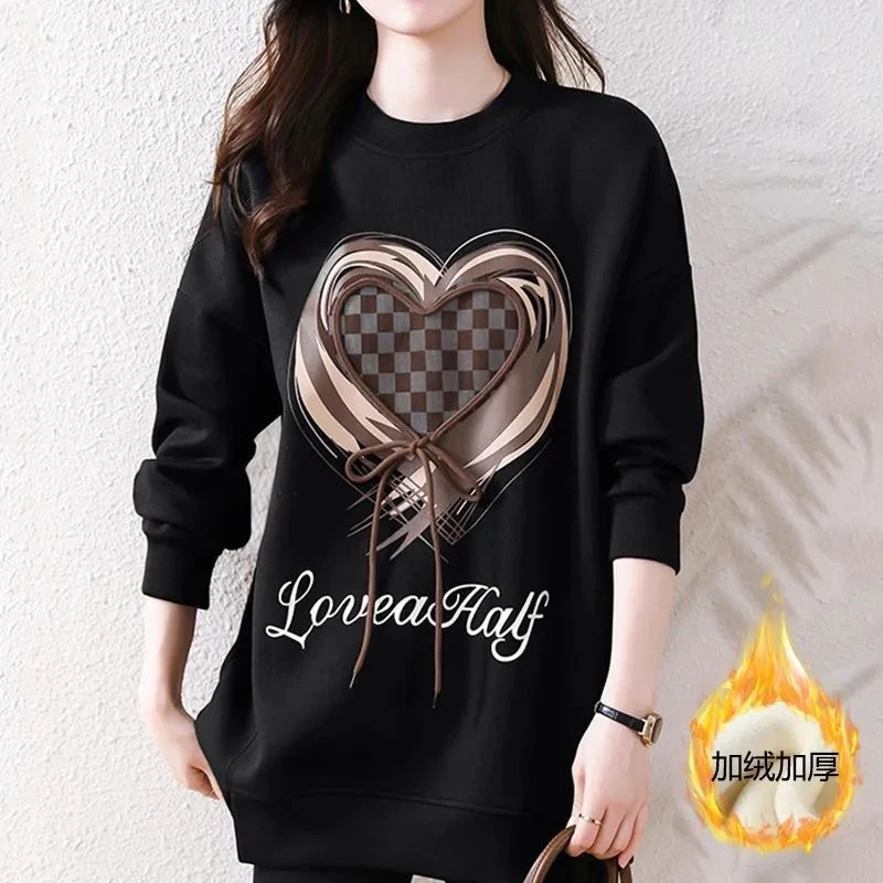 卫衣女加绒加厚中长款上衣秋冬新款欧货宽松大码开叉遮肚长袖t恤