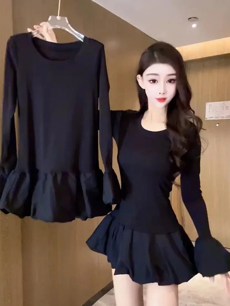 设计感长袖中长款t恤裙女内搭叠穿春秋冬季新款修身显瘦打底上衣