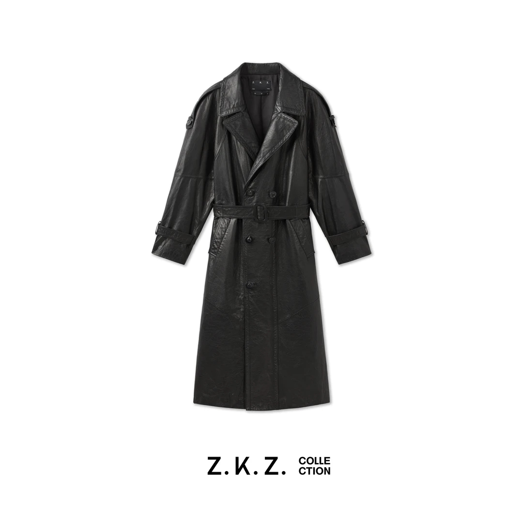 Z.K.Z.「卡门」复古极简风长皮风衣外套
