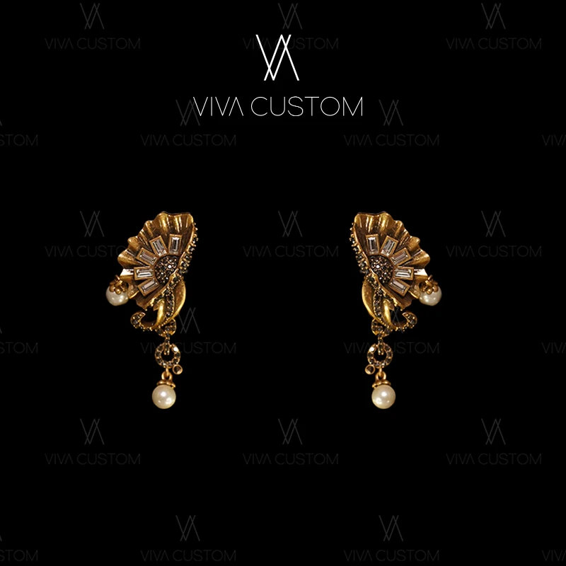 铜合金合成锆石耳饰 (昨日重现系列)欧美风叶形纹耳拍