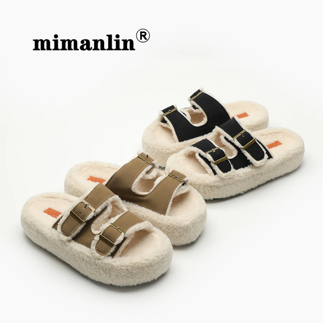 厚底毛毛绒拖鞋欧洲站羊羔绒女士外穿网红防滑保暖加绒两杠棉拖鞋