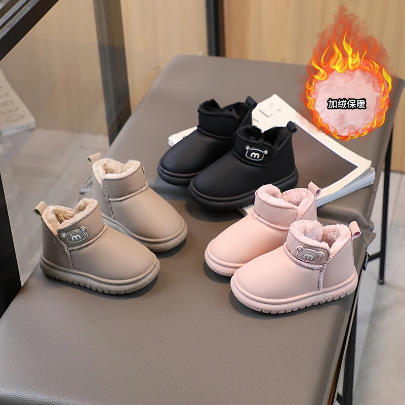 ibabe Duck/芽宝小黄鸭小童雪地靴男女童宝宝加绒防滑保暖鞋 皮面