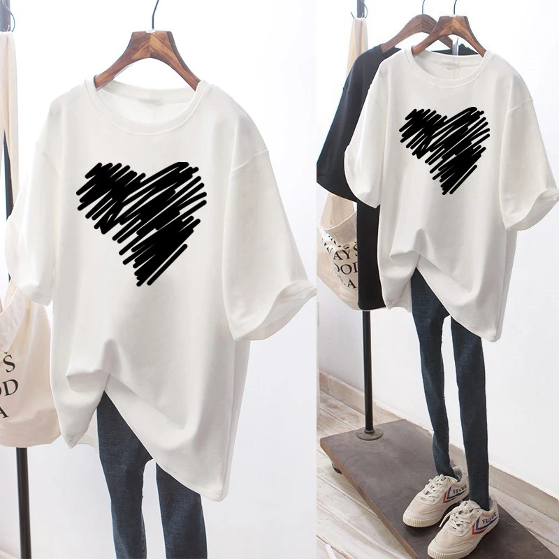 t321#纯棉短袖 爱心印花潮流ins女上衣圆领后包边高质量短袖T