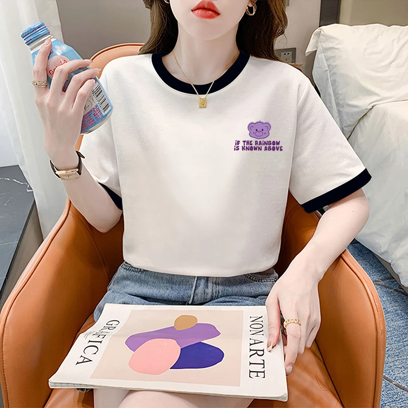 P21#2024夏季小熊印花短袖设计感遮肉显瘦洋气短袖拼接领t恤