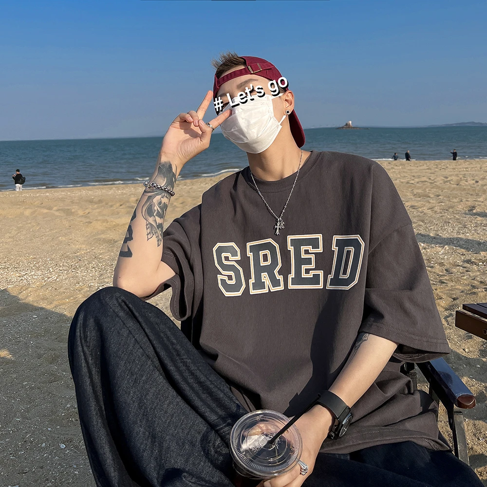 鲸禧严选纯棉小众短袖T恤上衣男夏季潮牌设计感港风衣服大码宽松