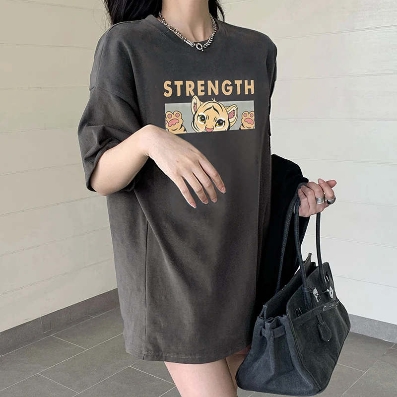 纯棉夏季2022新款重磅宽松中长款圆领百搭印花短袖上衣T恤女