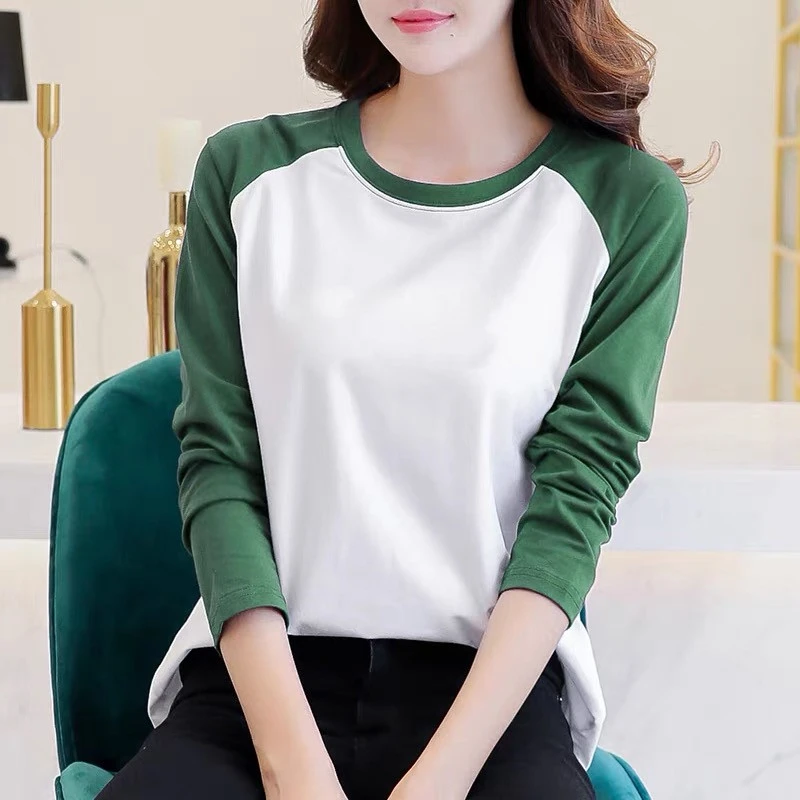 M07#早秋纯棉拼色长袖t恤撞色高质量纯棉圆领长袖t恤女打底衫洋气