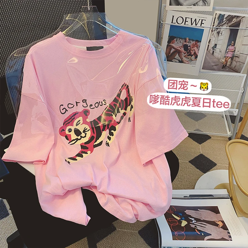 纯棉包领 夏季新款T恤女韩版宽松卡通小老虎图案中长