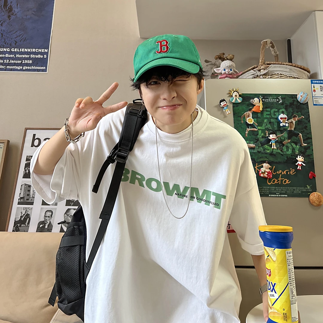 L122#2023新款春夏季ins日系简约字母印花宽松潮流印花上衣打底衫