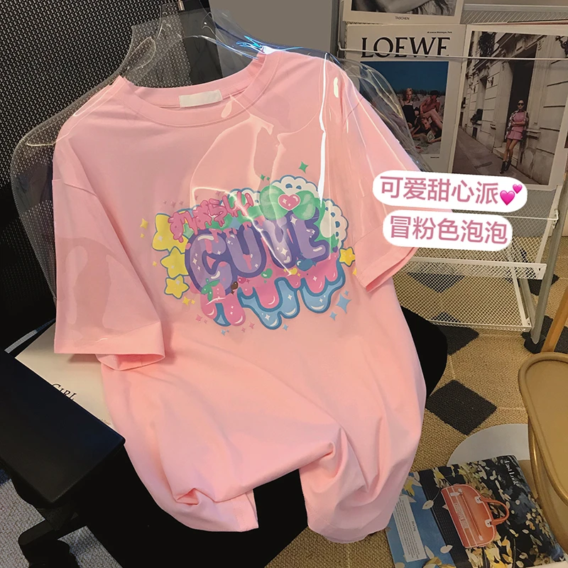 2025年夏季新款t恤女韩版宽松字母印花中长款圆领 #B12