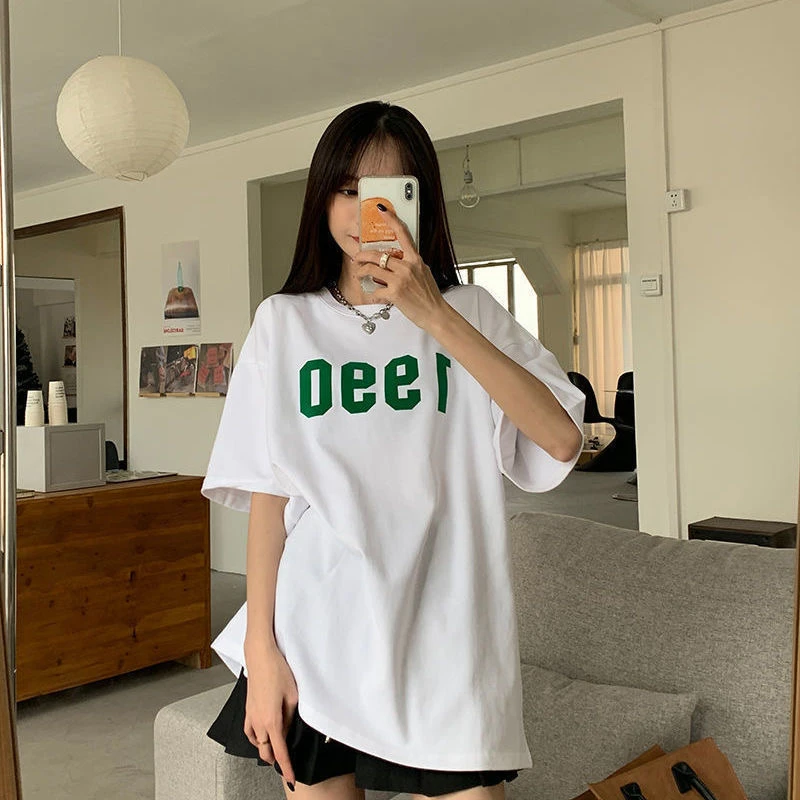 数字短袖纯棉宽松型常规韩版T恤夏装中长款2025白色失序混搭风