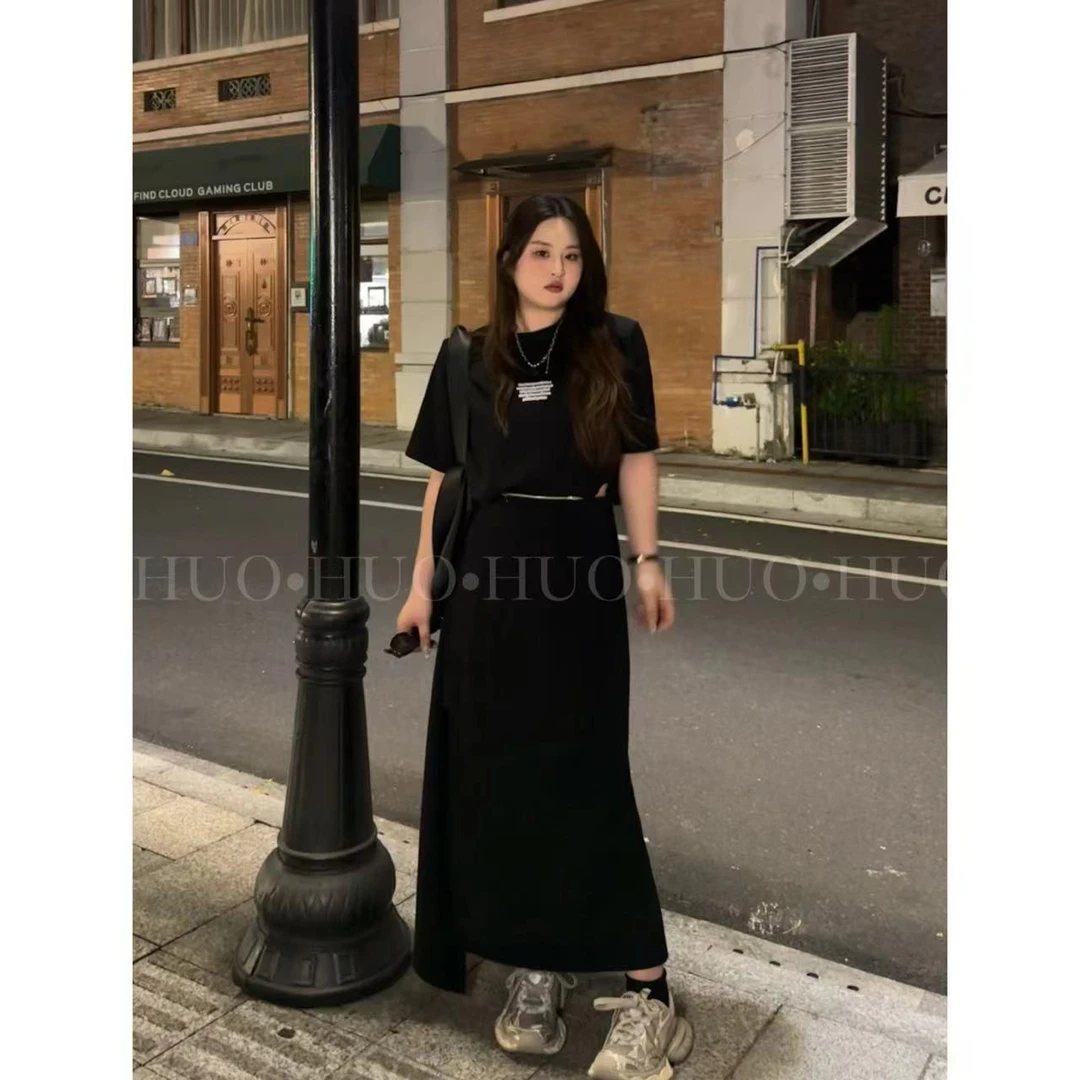 《玲玲》夏季韩版大码时尚宽松上衣拉链拼接开叉气质半身裙两件套