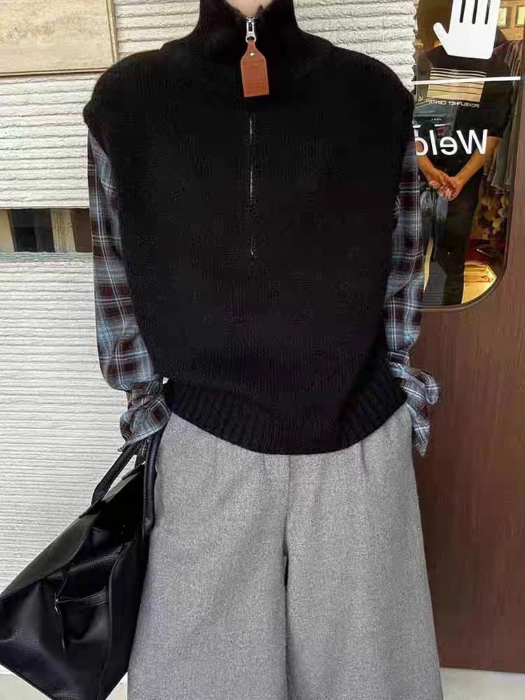 1200-CQ拼接衬衫袖格子针织上衣（80-135）