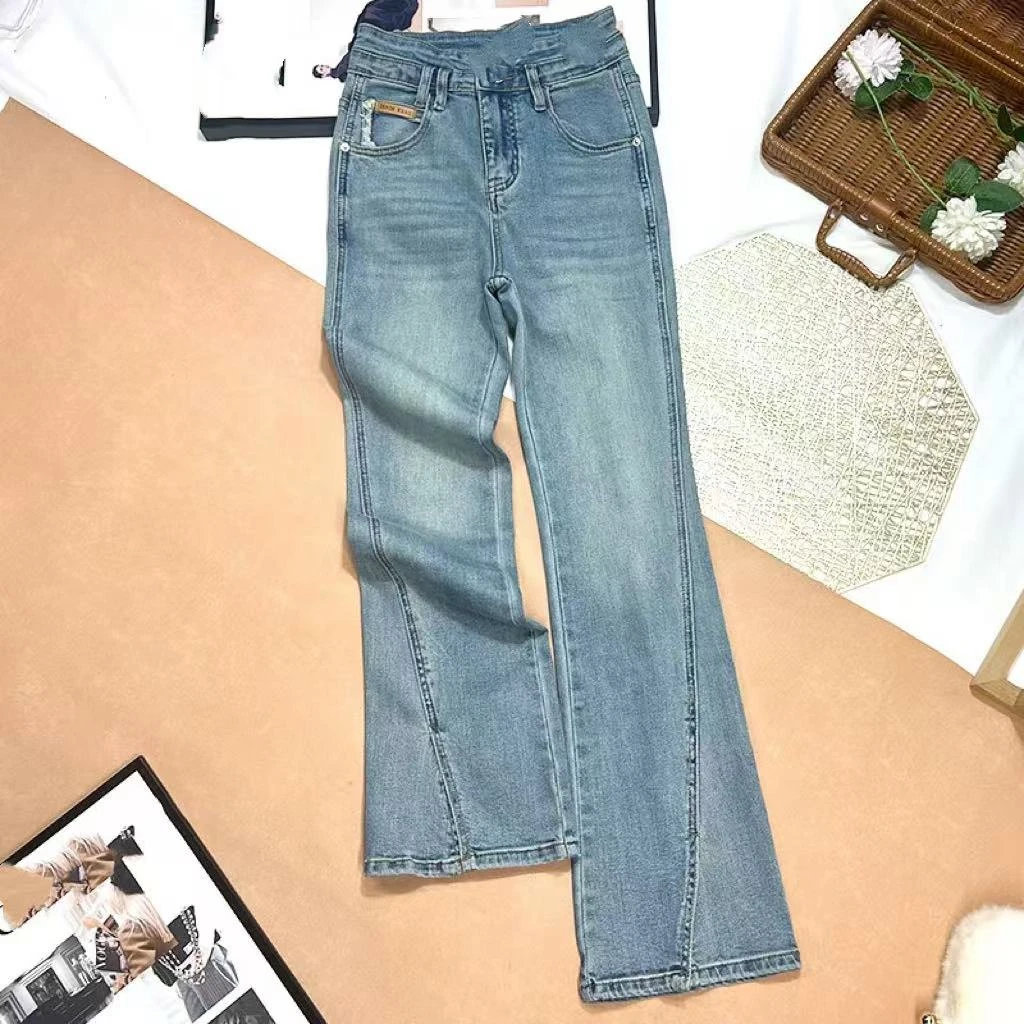 7931-AQ    浅蓝色弹力牛仔开叉喇叭裤