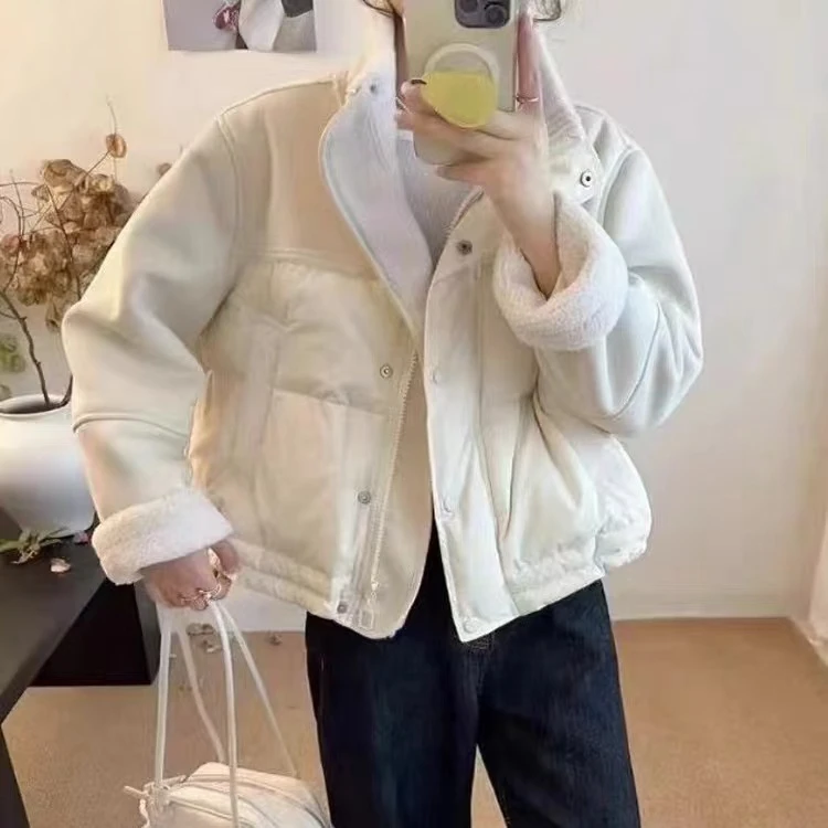 韩版时尚拼接毛毛一体立领棉服女秋冬时尚保暖外套