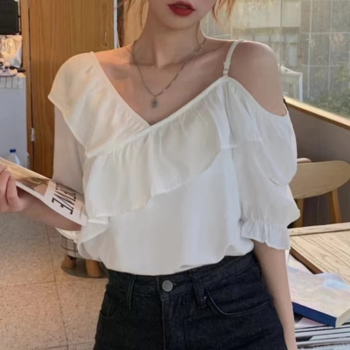 夏装新款韩版简约气质荷叶边露肩衬衫女小心机洋气衬衣 ZI4