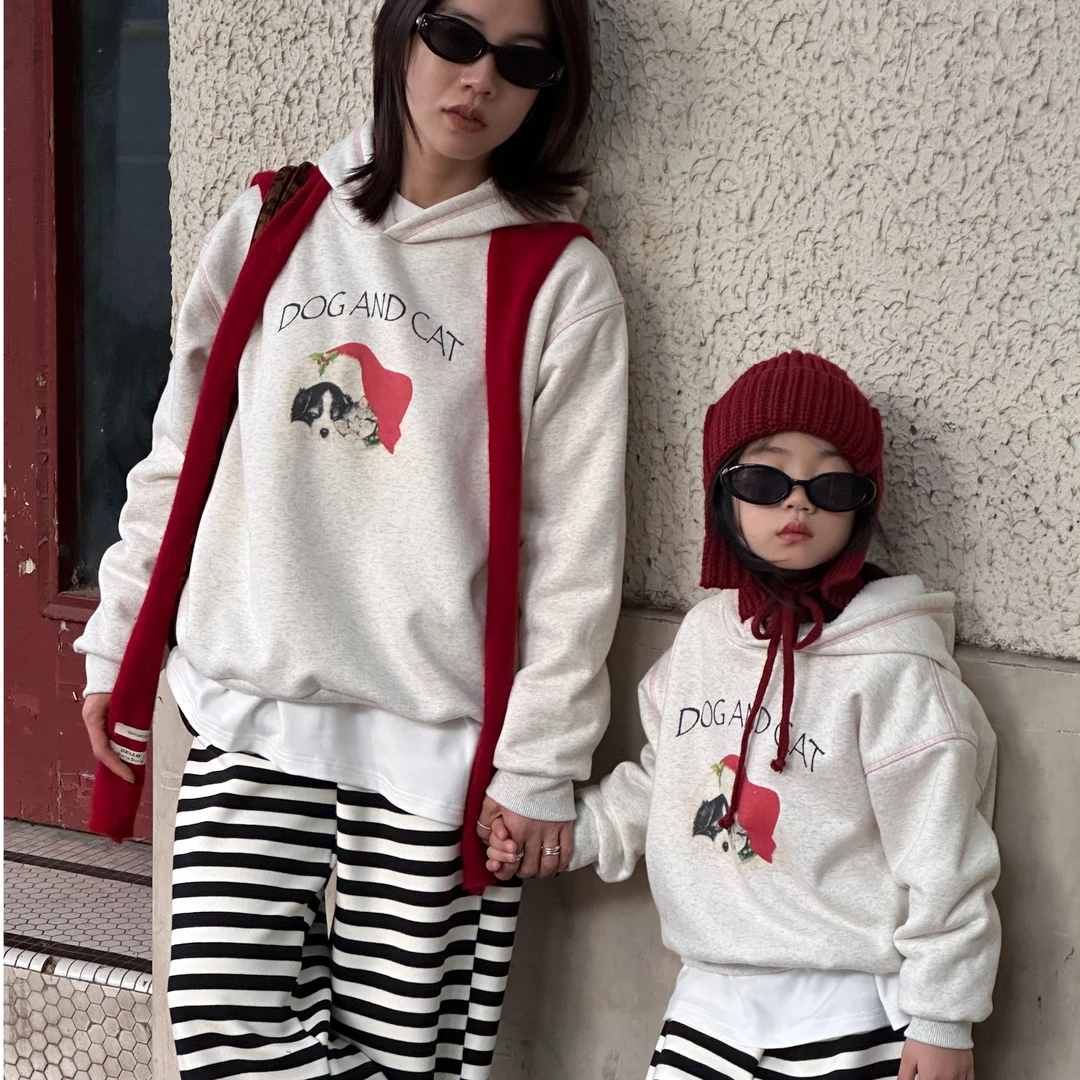 43057亲子装【喵和汪卫衣】秋冬新款儿童连帽卫衣棉加绒休闲上衣