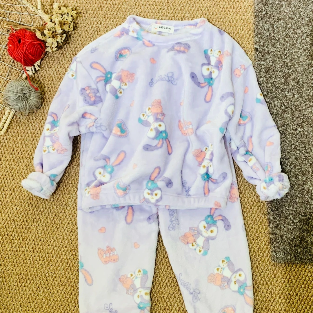 37065【卡通水果满印家居服套装】秋冬新款男女童加绒居家两件套