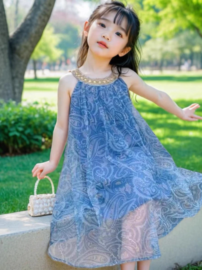 女童连衣裙2024新款夏季儿童公主裙网红女宝宝薄款田园风无袖纱裙