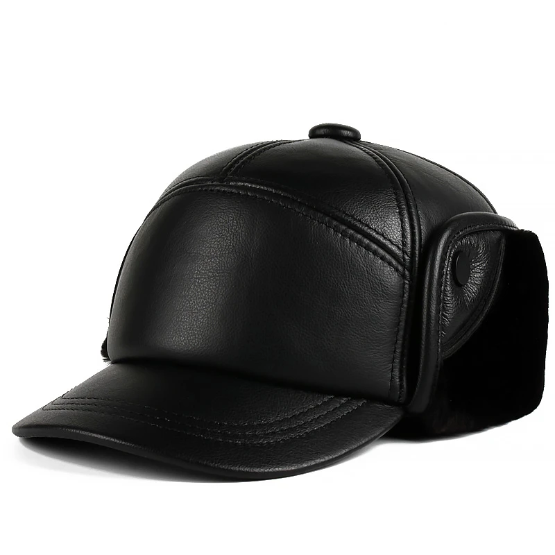 冬季真皮帽子男士牛皮雷锋帽中老年人保暖棉帽百搭鸭舌帽爷爷冬帽