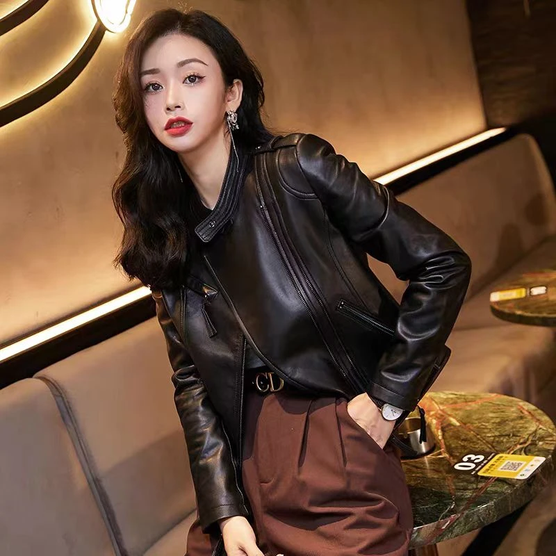 植鞣头层绵羊皮短款皮衣真皮时尚修身百搭机车外套黑色女士55555